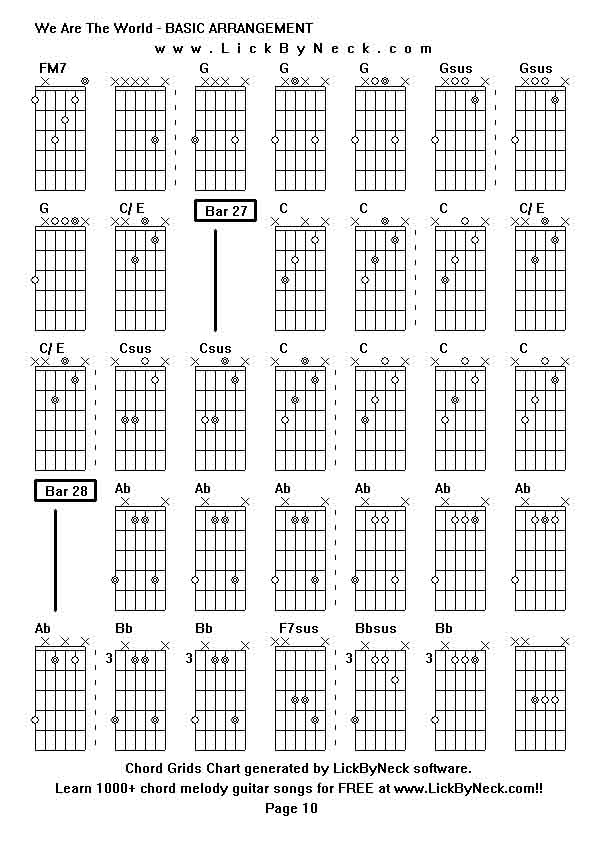 Chord Grids Chart of chord melody fingerstyle guitar song-We Are The World - BASIC ARRANGEMENT,generated by LickByNeck software.